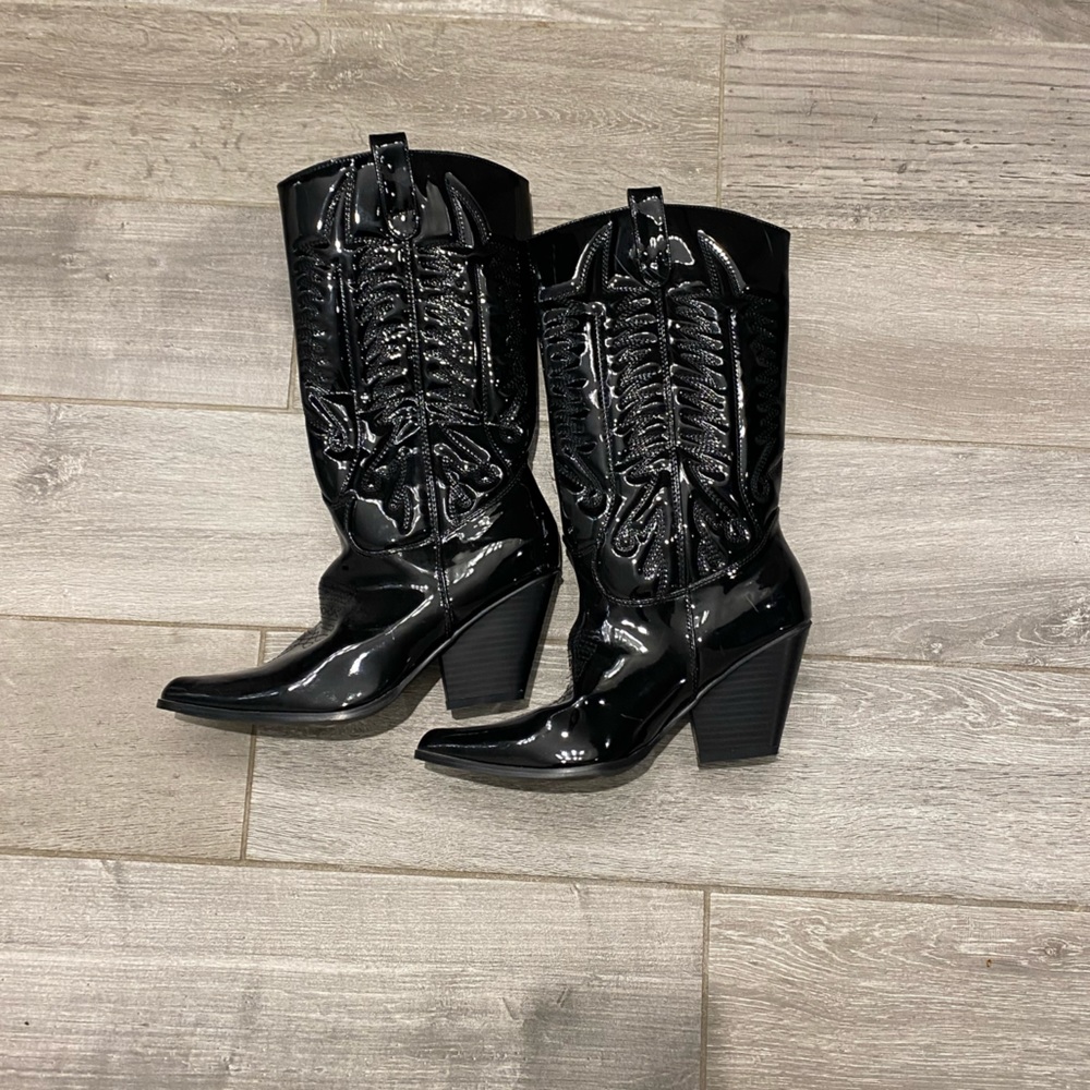 DOLLS KILL SHINY PATENT BLACK COWBOY BOOTS